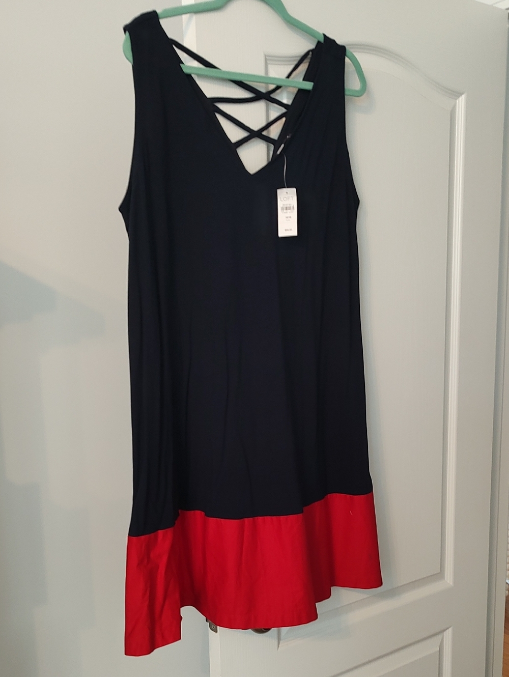 LOFT Black  Dress with Red Hem and Crisscross Back